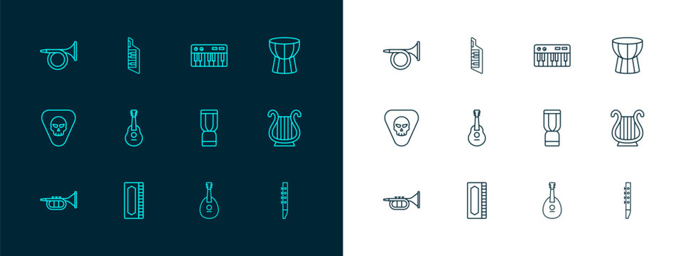 Set line African darbuka drum, Harmonica, djembe, Mandolin, Guitar, Music synthesizer, Trumpet and Keytar icon. Vector