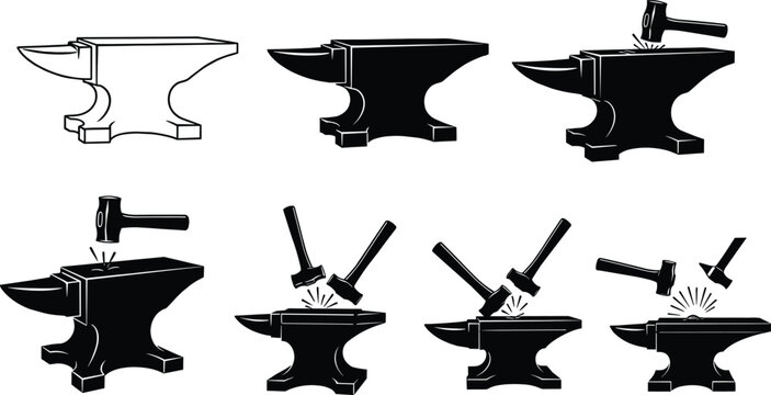 Solid silhouette vector anvil icons, blacksmith hammer tool, metal work forge, craft iron equipment, industrial steel workshop isolated on white.
