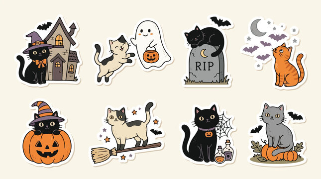 A collection of eight cute Halloween-themed stickers features various cats interacting with spooky elements like a haunted house, pumpkin, tombstone, and ghost.