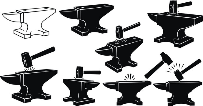 Solid silhouette vector blacksmith anvil icons with hammer, metal forge and industrial craftsmanship symbols isolated on white background, workshop