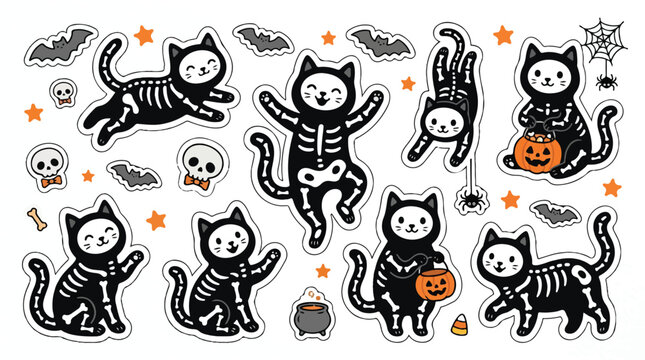 Cute black cat skeleton sticker set with Halloween bats, pumpkins, skulls, and spiders on white background.