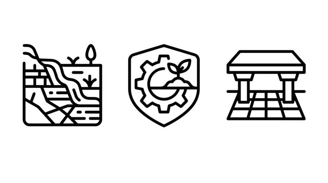 Environmental engineering and infrastructure outline icon set with environment engineering infrastructure protection landscape structure industrial management development conservation
