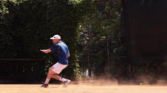 Male tennis player striking two handed backhand with clay dust rising from court. Concept of determination, personal improvement, resilience, sports motivation and fitness branding.