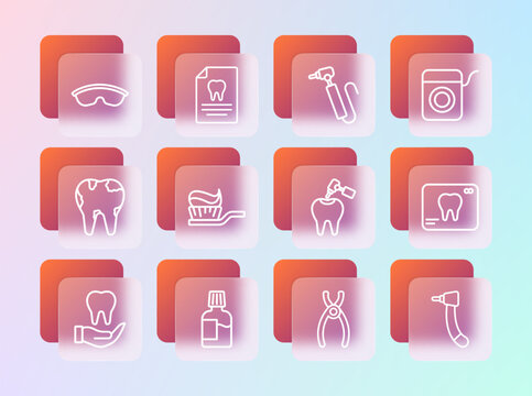 Set line Dental floss, Mouthwash, Tooth with caries and drill, pliers, Toothbrush toothpaste, Safety goggle glasses and Clipboard dental card icon. Vector