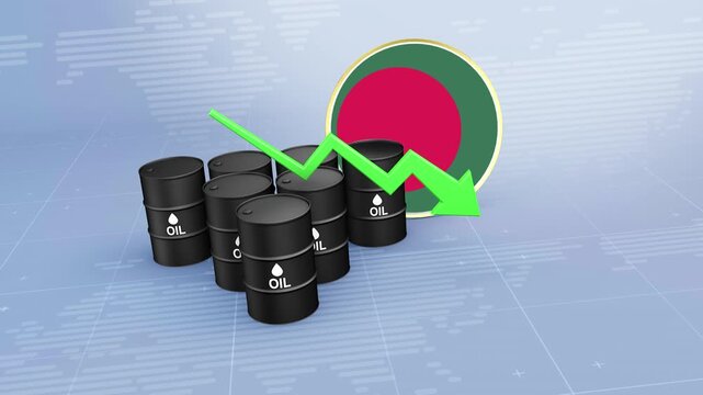 Bangladesh Crude Oil Price Decline with Oil Barrels and Downward Green Arrow