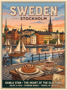 Sweden stockholm travel poster, gamla stan old town skyline sailboats sunset, cinnamon bun coffee bicycle map. Scandinavian charm illustration