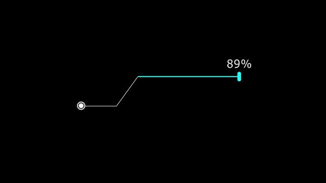 A dynamic modern cyan color line loading animation, and loading to completed 1 to 89% animation. on a black background. and creating a stunning 4k video.