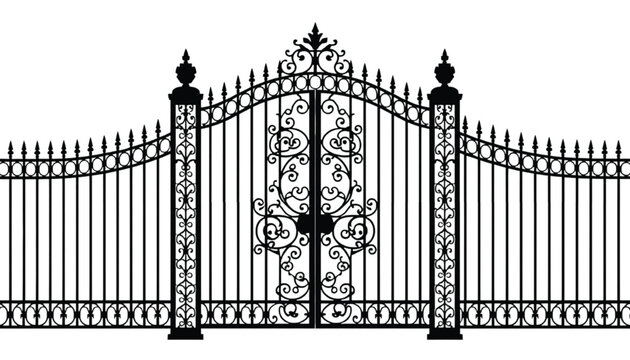 Wrought iron gate features intricate scrolling patterns and metallic spikes for a grand security entrance.