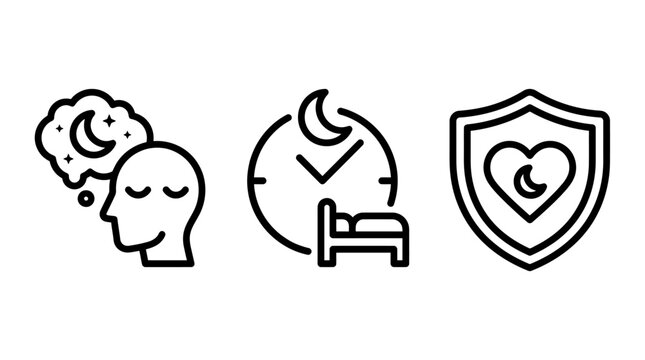 Sleep hygiene and wellness icon set showing dream state bedtime routine and heart health with wellness protection relaxation wellbeing psychology lifestyle nighttime nightmare security