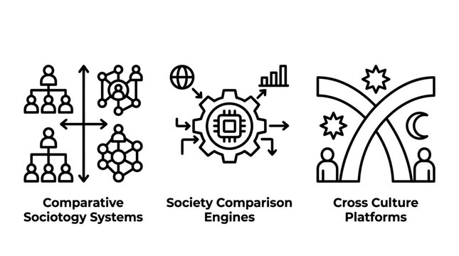 Comparative sociology and cross culture icon set with sociology comparison platform organization hierarchy international difference diversity connection analysis technology processor