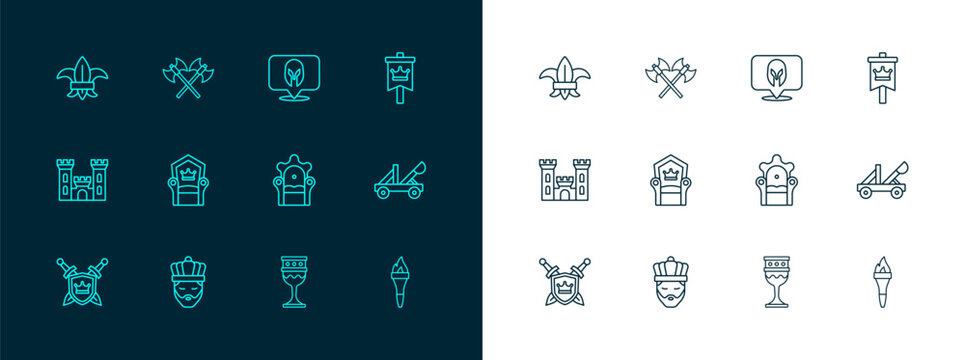 Set line Medieval flag, King with crown, throne, goblet, helmet, Fleur de lys or lily flower and Crossed medieval axes icon. Vector