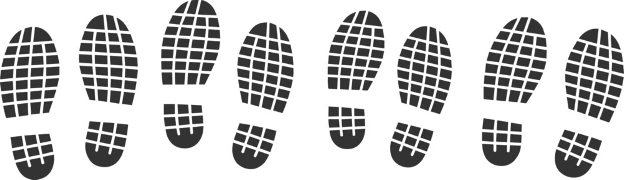 Solid silhouette vector shoe footprint icons, black boot sole prints isolated on white background, forensic investigation or outdoor hiking