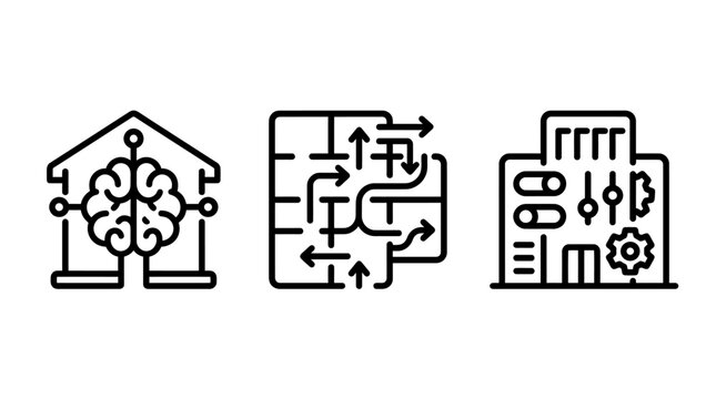 Abstract line art icons depicting smart home brain connectivity complex process mapping building management systems building management connectivity architecture technology intelligence