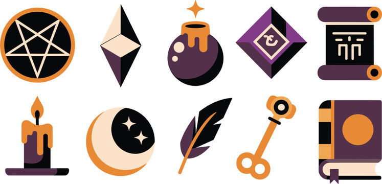 Collection of mystical and occult themed including a pentagram, crystal, potion bottle, magic scroll, candle, crescent moon, feather quill, key, and book on a white background
