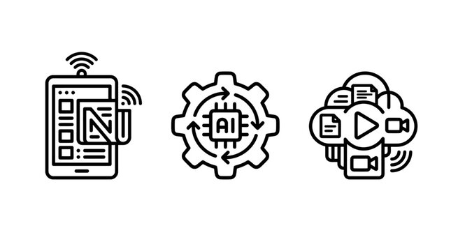 Artificial intelligence development and multimedia content cloud services icon set for digital platforms with intelligence artificial multimedia development technology services streaming
