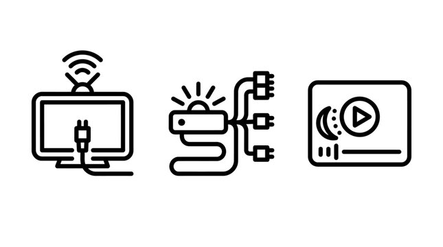 Icon set of digital media equipment featuring television signal connectivity multi-port device expansion playback interface television streaming connectivity playback interface hardware