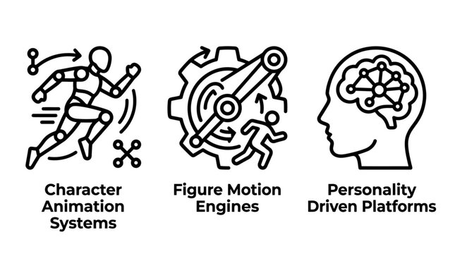 Character and personality driven design icons with animation character personality platform creative technology software development intelligence graphics workflow automated technical