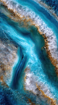 Blue and gold mineral geode with crystalline layers and flowing patterns.