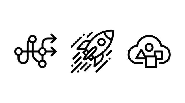 Workflow path launching rocket cloud storage data icons with workflow business direction strategy technology computing geometry triangle minimalist abstract development planning management