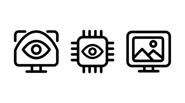 Computer vision and digital processing technology icons with artificial intelligence processor microchip technology processing recognition innovation automation hardware engineering software