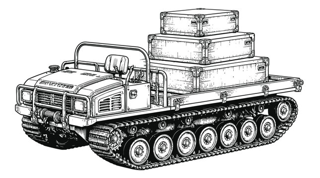 Military truck with tracked chassis carrying stacked cargo boxes