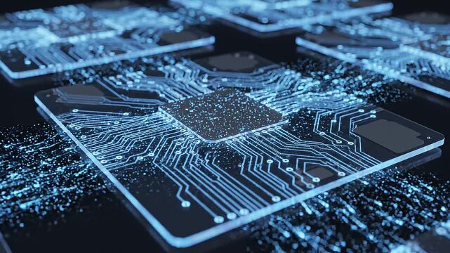 Ultra realistic transparent silicon wafers glow with electric blue edges as luminous particles flow across intricate circuits, creating a premium semiconductor technology background with copy space.