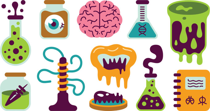 Scientific laboratory themed halloween featuring glass beakers, bubbling green potions, a human brain, dna helix, monster teeth, a mysterious book, and jars with eyeballs and specimens