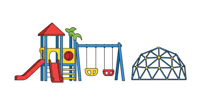 Colorful playground clipart featuring a red slide blue swing set and climbing dome for children outdoor recreation