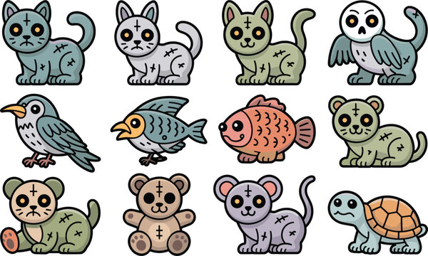 Set of cute zombie animal characters including cats, a bird, a fish, a bear, and a turtle with stitched skin and cross symbols on their foreheads isolated on a white background