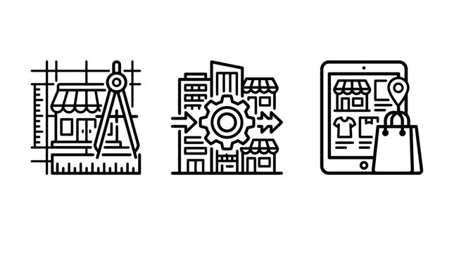 Retail store layout planning commercial development systems digital e-commerce shopping linear icons set planning commercial development shopping ecommerce architecture blueprint
