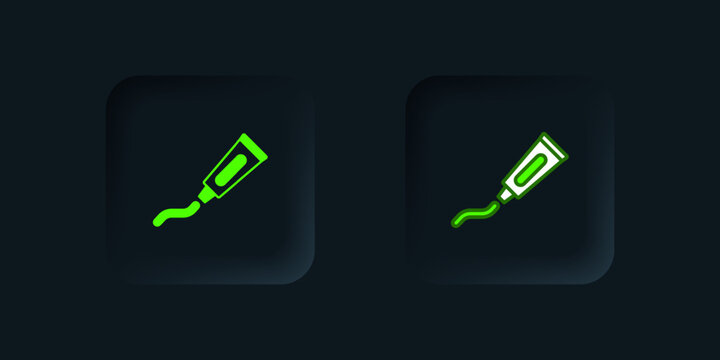 Green Tube of toothpaste icon isolated on black background. Black square button. Vector