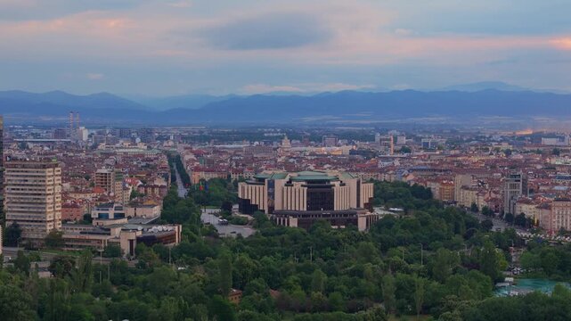Aerial view of Sofia, the capital of Bulgaria, with the National Palace of Culture at dusk