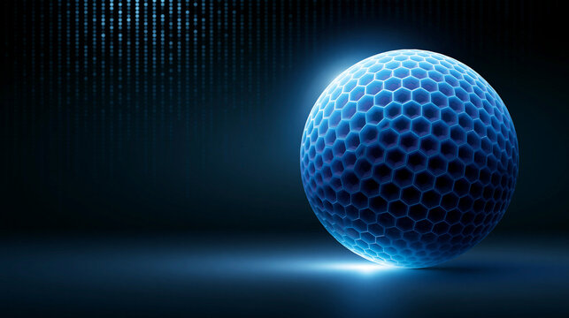 Cyan neon hexagonal sphere floating on dark surface with binary light rain backdrop.