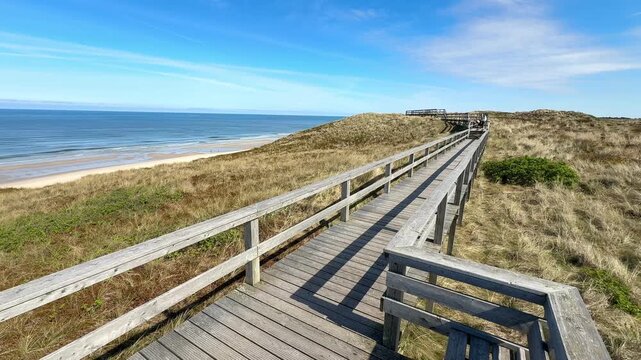 long wooden walking path to the sea on the island Sylt	
