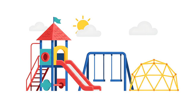 Colorful playground clipart featuring a red slide blue swing set and yellow climbing dome under a sunny sky for childrens activities