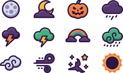 Fototapeta premium Set of halloween weather featuring a moon, jack-o-lantern, storm clouds, lightning, rainbow, wind, and stars, isolated on a white background, in a flat style