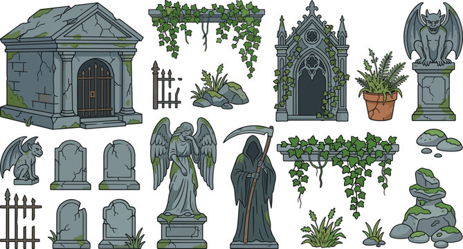 Gothic Cemetery Elements Collection Featuring Mausoleum, Crypt, Angel Statue, Grim Reaper, Gargoyles, Tombstones, Ivy, and Haunted Vector Set