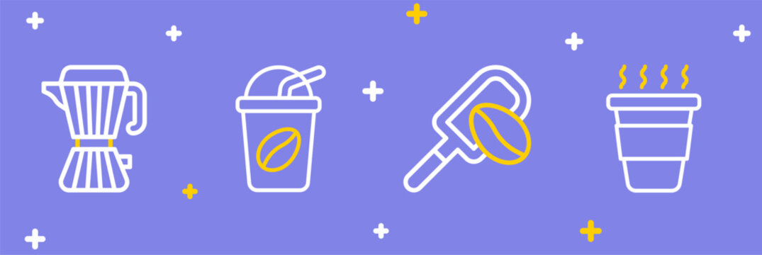 Set line Coffee cup to go, Spatula with coffee grain, Iced and maker moca pot icon. Vector