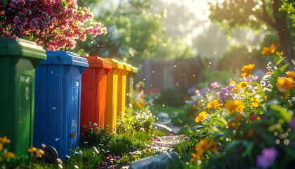Obraz premium Row of colorful waste recycling bins in a bright garden filled with blooming flowers, representing eco-friendly sustainability concepts