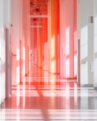 Fototapeta premium Colorful pink and orange hallway with reflective floor and vertical panels for modern interior design background and architectural concept