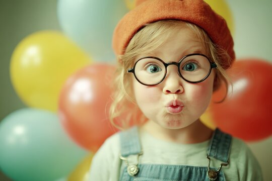 Child in colorful hat and glasses makes silly face for happy birthday celebration