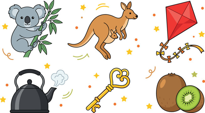 Australian Culture and Nature Icon Collection Featuring Koala, Kangaroo, Kite, Kettle, Vintage Key, Kiwi Fruit, and Cute Vector Illustration Set