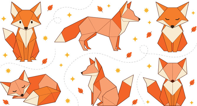 Geometric Low Poly Fox Character Collection Featuring Sitting, Standing, Sleeping, and Cute Origami Style Wildlife Vector Illustration Set