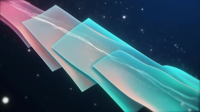 Ultra realistic translucent holographic sheets float in parallel with glowing data particles and cyan gradients, creating a premium artificial intelligence technology background with elegant copy spac