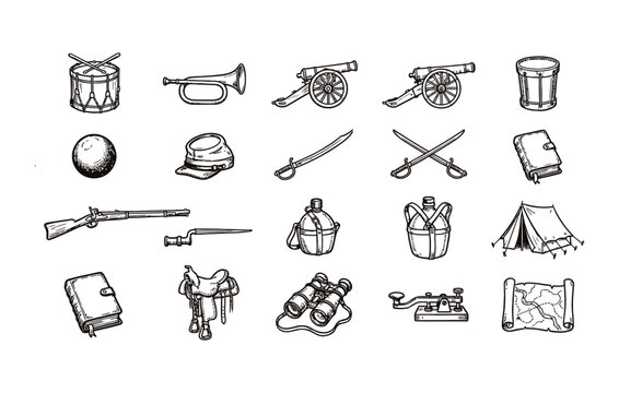 Civil war and historical military icon collection with battlefield equipment