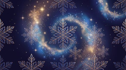 Fototapeta premium Magic crystal snowflakes swirling in dark blue cosmic space background