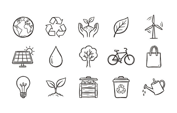 Hand drawn eco friendly icon pack with renewable energy sources
