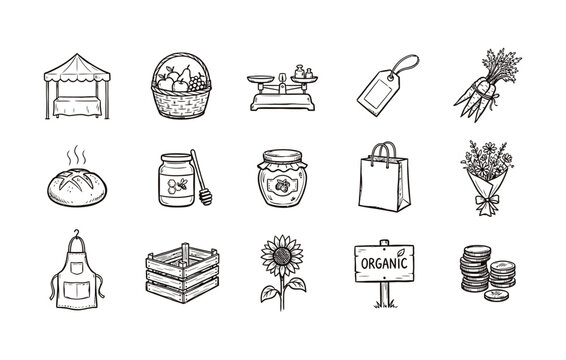 Hand drawn farm fresh icon pack with local market essentials