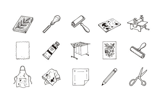 Hand drawn printmaking craft icon pack with carving equipment