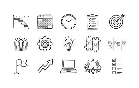 Hand drawn business project management icon pack with productivity tools